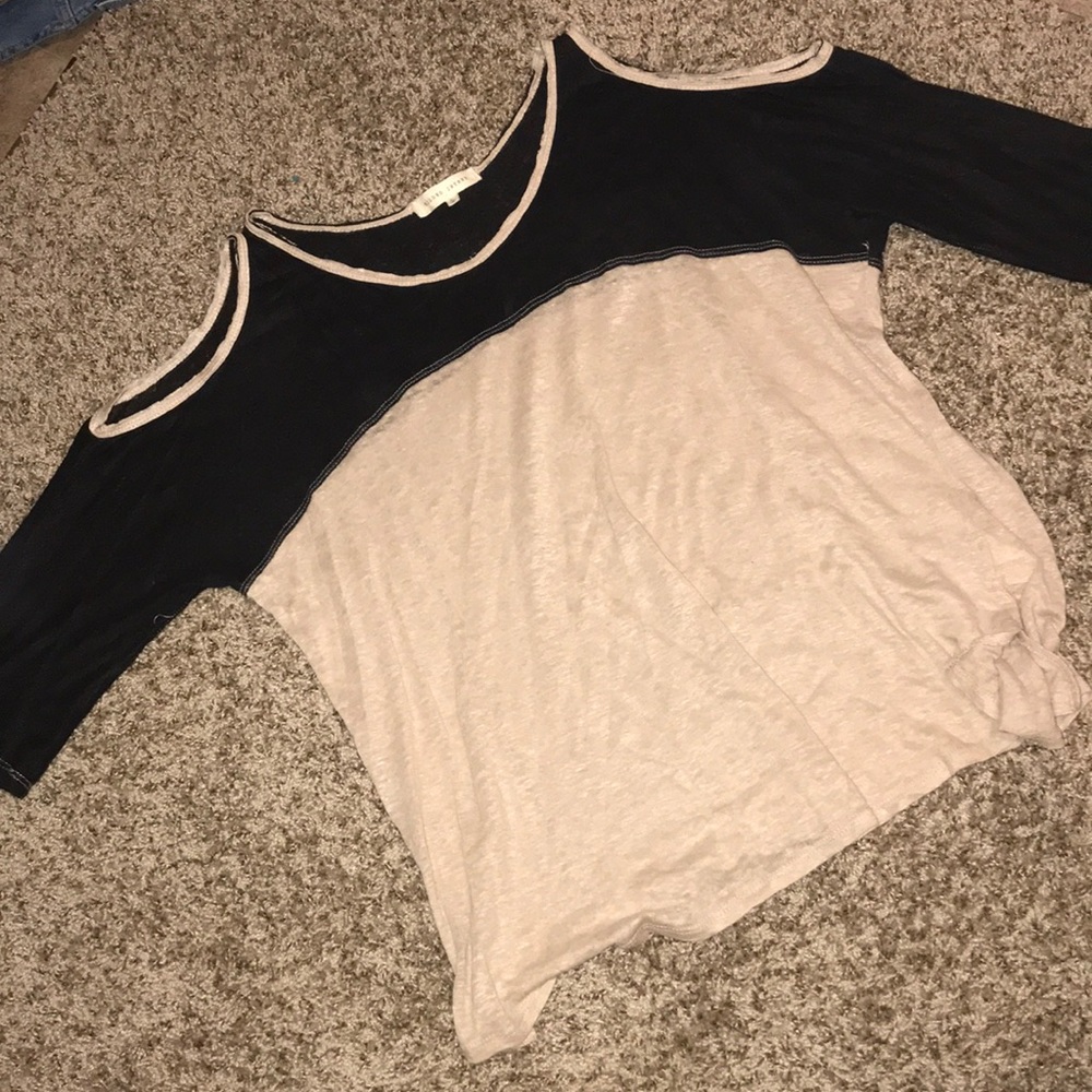 Tan/Black Cold Open Shoulder Top from Buckle.